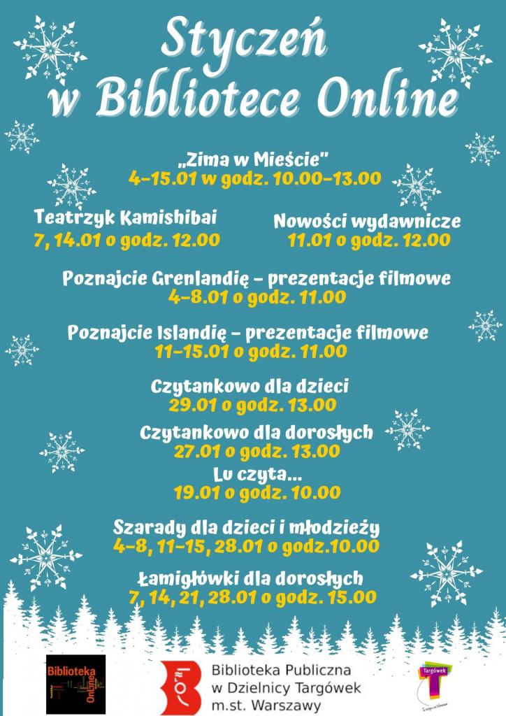 plakat - styczeń w bibliotece online na Targówku