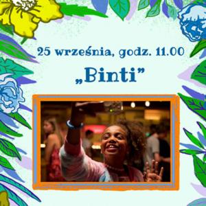 Na górze tekst: „25 września, godz. 11:00 Binti”. Na dole grafika - zdjęcie bohaterki robiącej sobie selfie telefonem. W tle na górze i po bokach motywy kwiatowe.