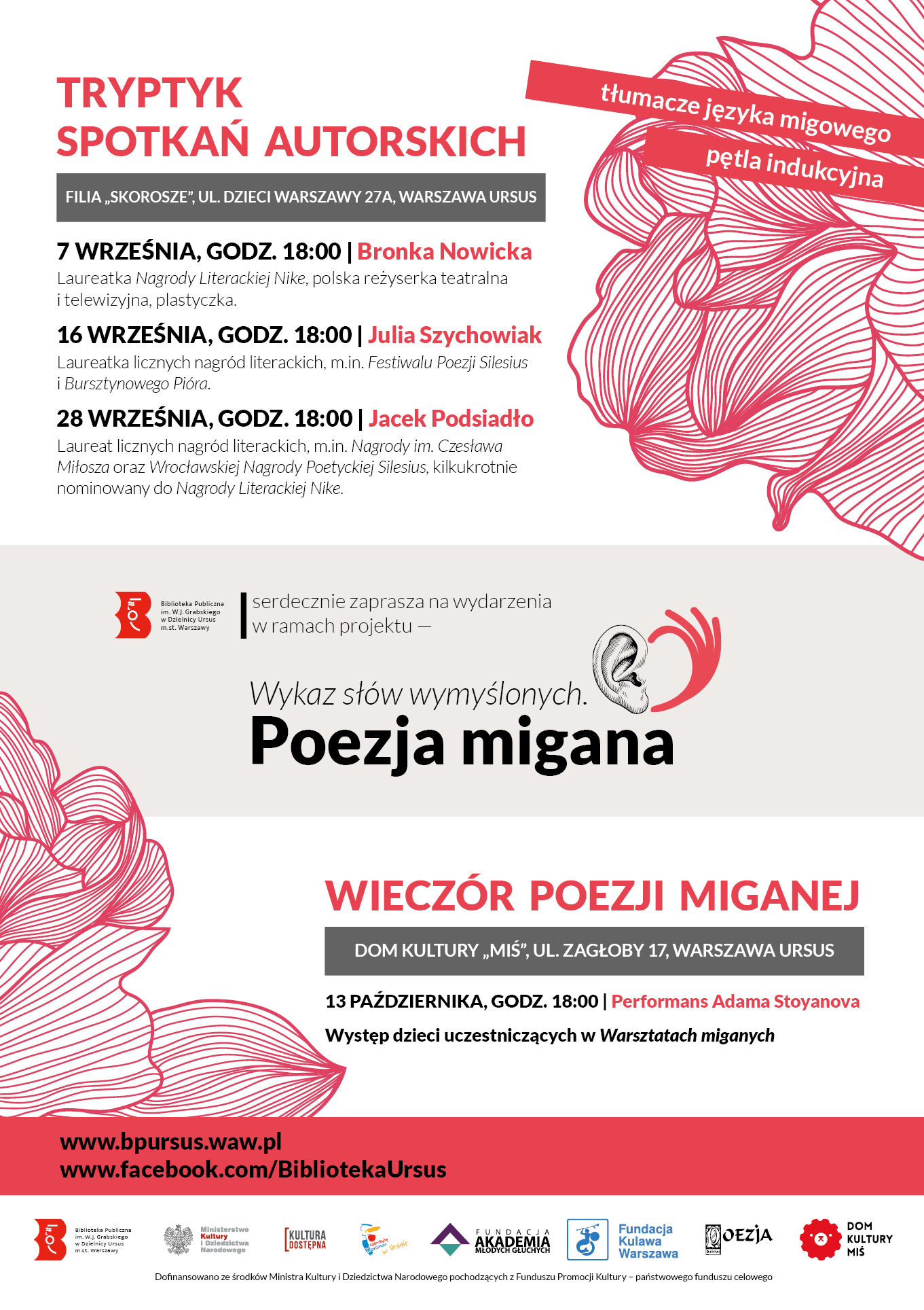 Plakat z grafiką kwiatową w różowych odcieniach.