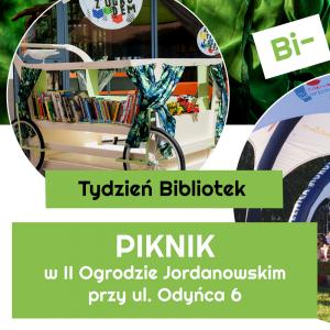 W kółku zdjęcie wózka z książkami. Do tego tekst: tydzień bibliotek; piknik w drugim ogrodzie jordanowskim przy ulicy Odyńca 6.