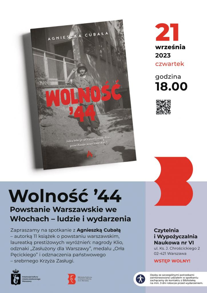 Biało-granatowy plakat z okładką książki "Wolność '44" Agnieszki Cuabały