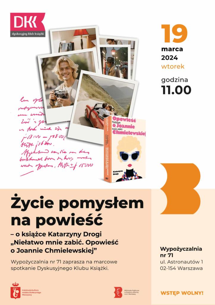 Biało-pomarańczowy plakat ze zdjęciami wygenerowanymi w Canva i okładką książki Katarzyny Drogi.