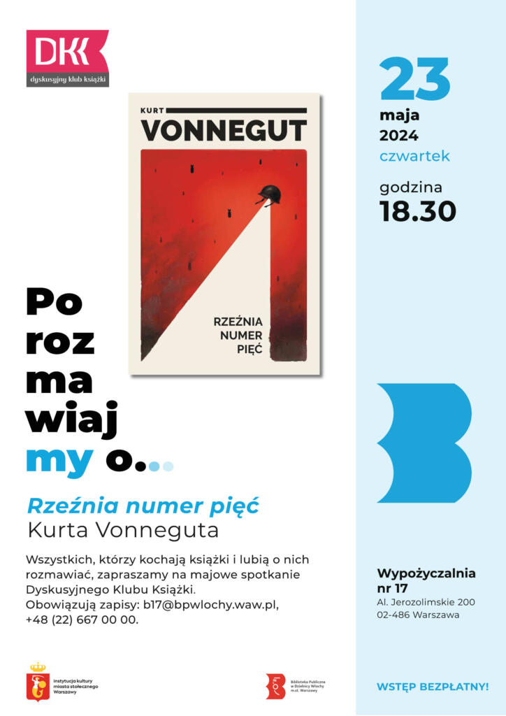 Biało-niebieski plakat z okładką książki Kurta Vonneguta „Rzeźnia numer pięć”