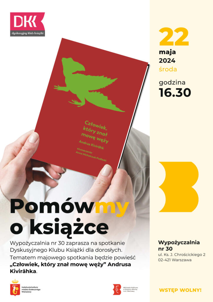 Biało-żółty plakat z okładką książki „Człowiek, który znał mowę węży” Andrusa Kivirähka