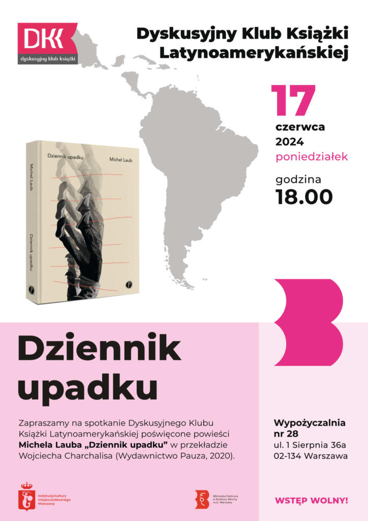 Biało-różowy plakat z okładką książki Michela Lauba "Dziennik upadku" (Wyd. Pauza, 2020)