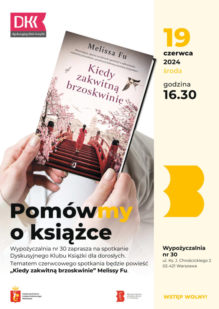 Biało-żółty plakat z okładką książki „Kiedy zakwitną brzoskwinie" Melissy Fu