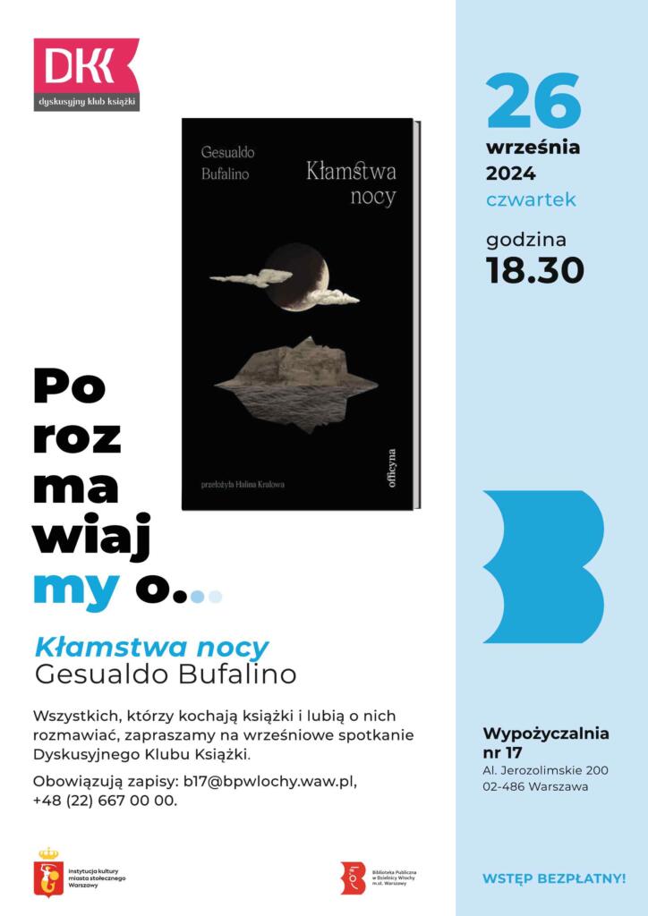 Plakat biało-niebieski z okładką książki Gesualda Bufalina „Kłamstwa nocy”