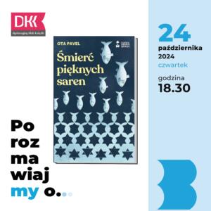 Biało-niebieski fragment plakatu ze okładką książki Oty Pavel "Śmierć pięknych saren"